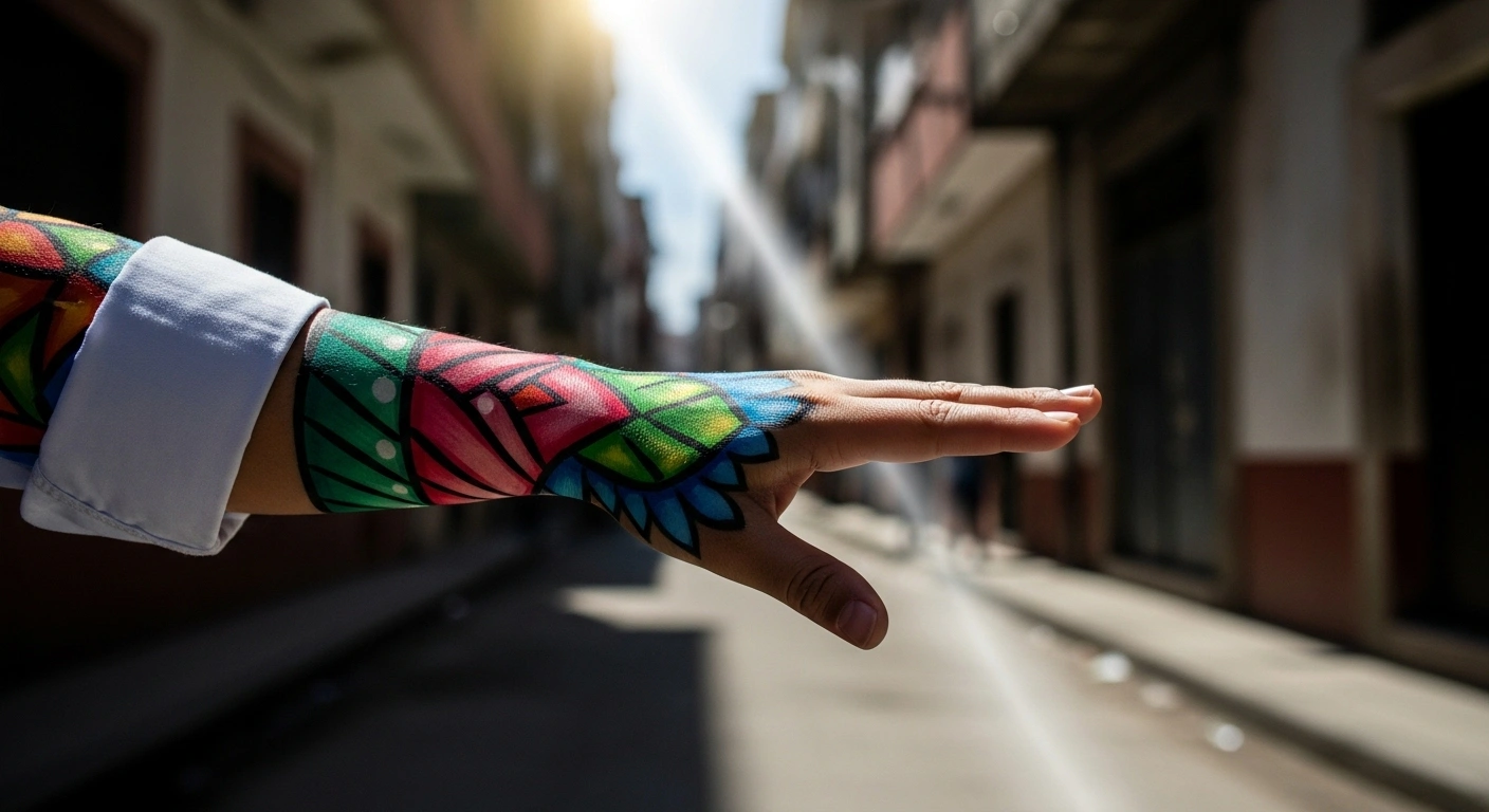 A powerful, sun-drenched hand with an abstract pattern, representing Mexico, extends forward, casting a shadow over a dimly lit street scene, while a focused beam of light illuminates a path in the background, symbolizing Mexico's $100,000 contribution to the United Nations trust fund for the Kenyan-led Multinational Security Support Mission in Haiti against gang violence.