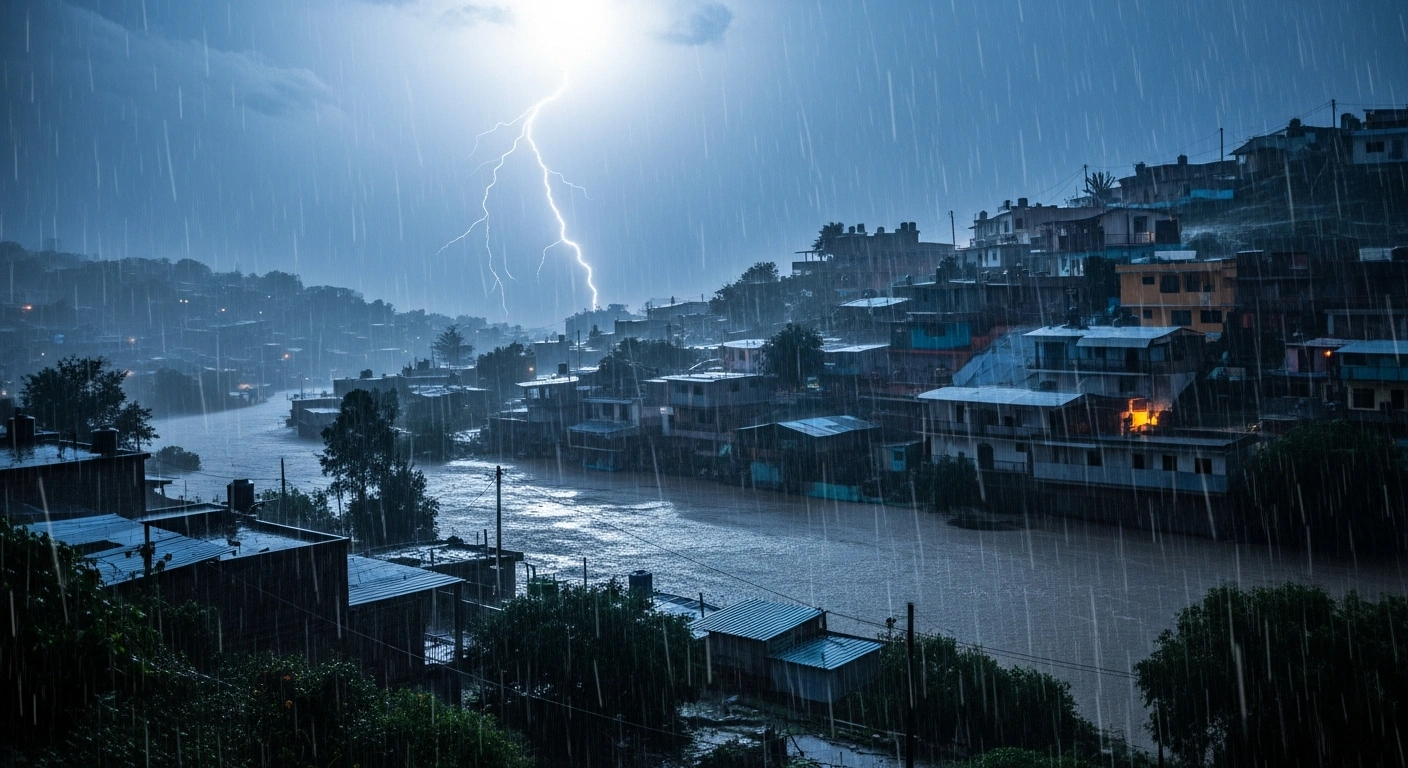 A torrential rainstorm causes heavy flooding and potential landslides in a vulnerable Mexican village as authorities issue urgent weather alerts.