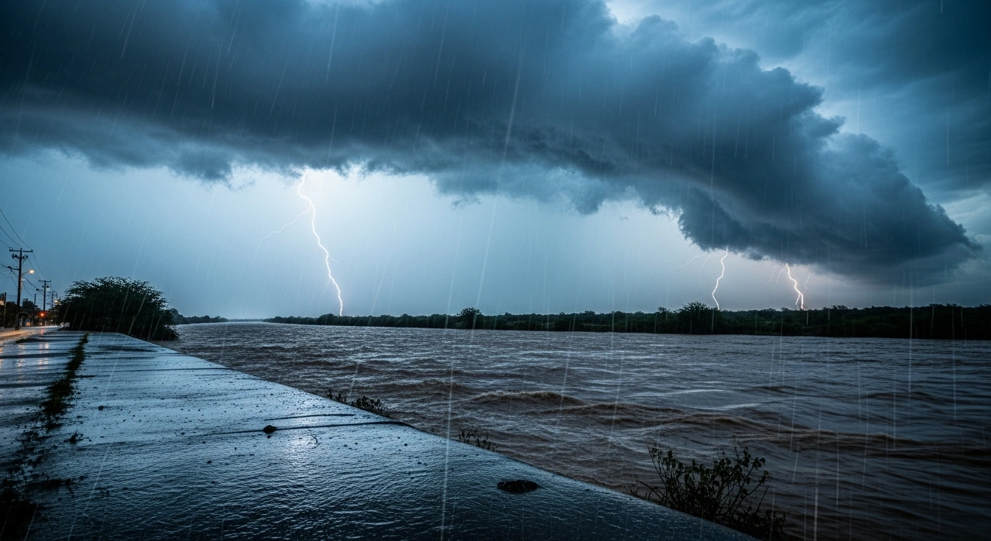 A powerful storm brings heavy rainfall and rising river levels to a rural landscape in Mexico, prompting urgent flood warnings.