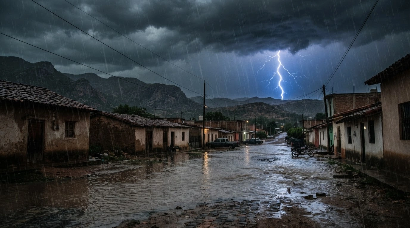 A dramatic storm with heavy rainfall and lightning strikes over a flooded landscape in Mexico as the National Meteorological Service issues warnings.