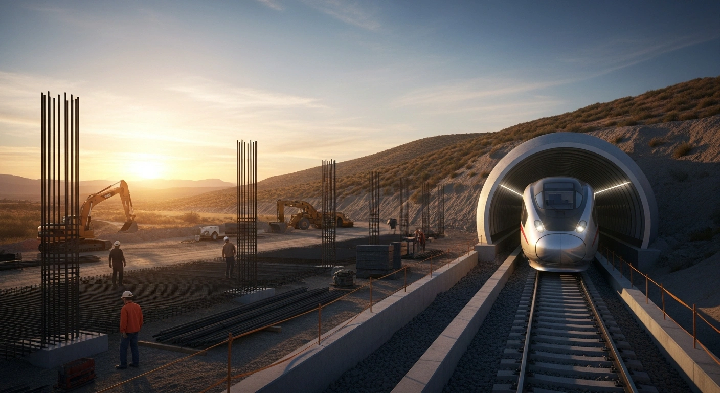 A high-speed train emerges from a modern tunnel at sunset, with a bustling construction site in the foreground, symbolizing the development of Mexico's Gulf of Mexico Train project to link cities like Monterrey, Saltillo, and Nuevo Laredo.