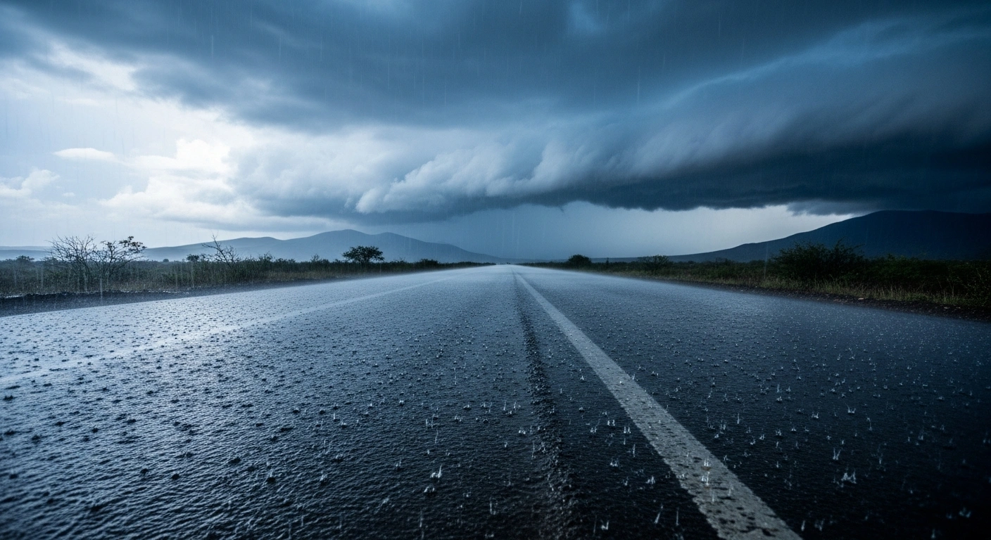 A severe rainstorm caused by Hurricane Genevieve pours over a rural landscape in Mexico, signaling a high risk of flooding and landslides.