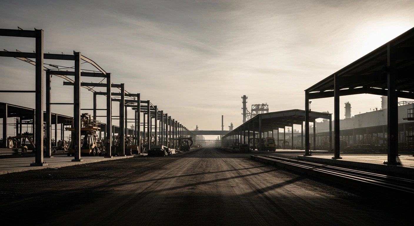 A quiet industrial manufacturing site in Mexico shows signs of a slowdown in production and construction activity.