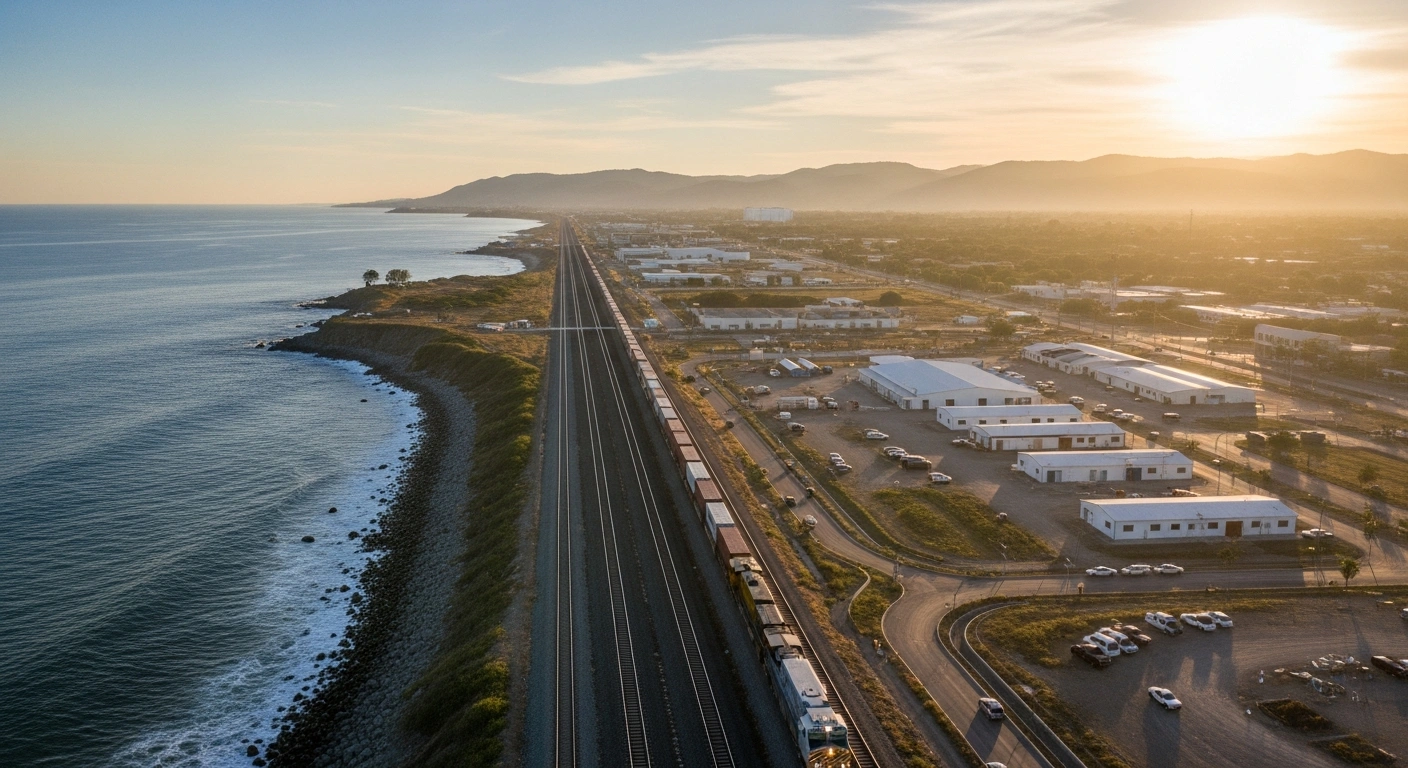 An aerial view at dawn captures a modern freight train moving through an industrial park on Mexico's Isthmus of Tehuantepec, with the Pacific Ocean visible in the foreground and the distant horizon hinting at the Gulf of Mexico, representing the Interoceanic Corridor project.