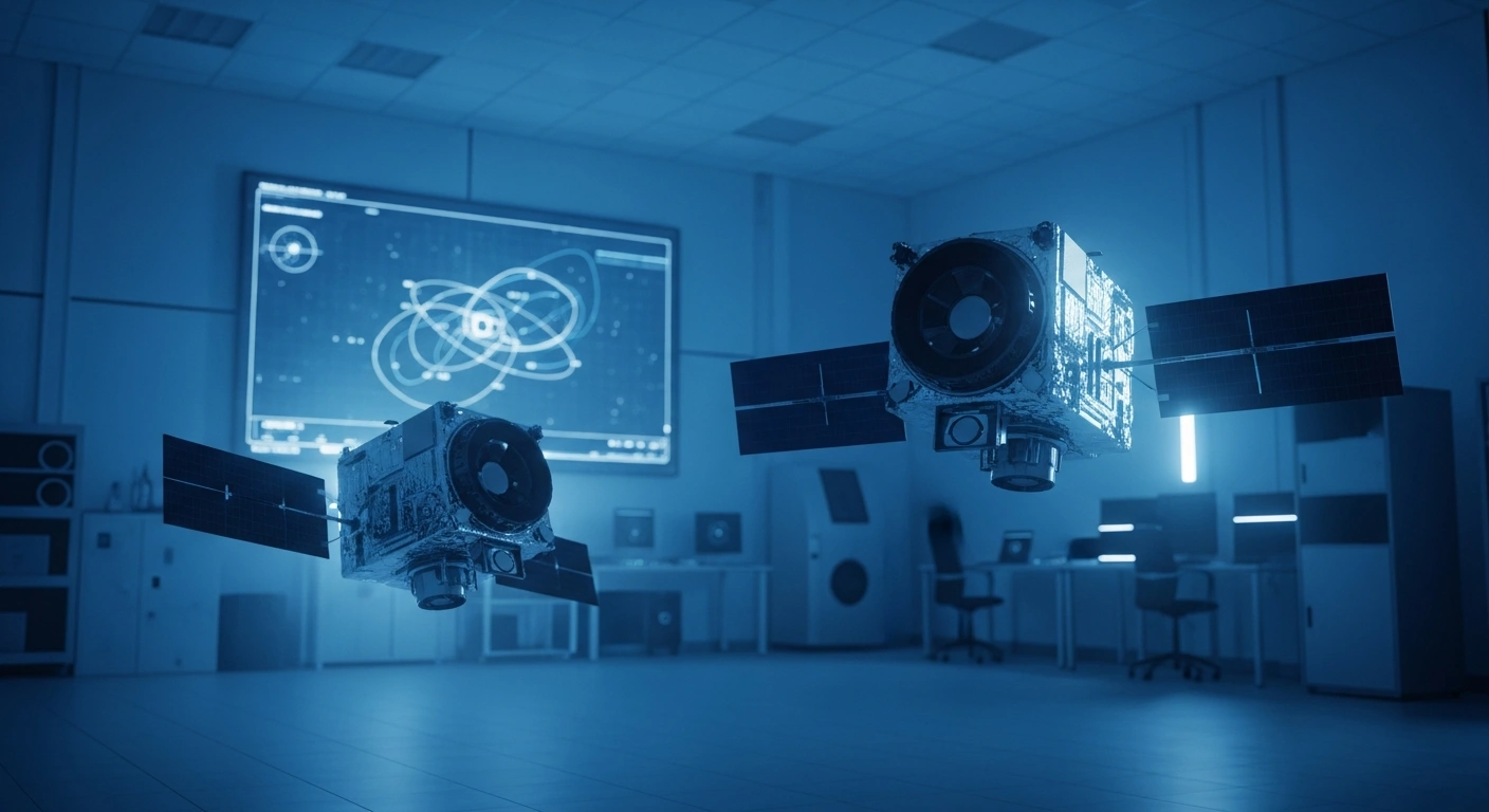 Two advanced satellite prototypes are displayed in a modern research facility to represent the space technology partnership between the Mexican Space Agency and the Korea Aerospace Research Institute.