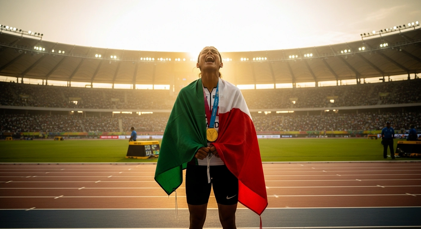 A victorious Mexican athlete celebrates on the podium after winning a gold medal at the Santo Domingo 2026 Central American Games.