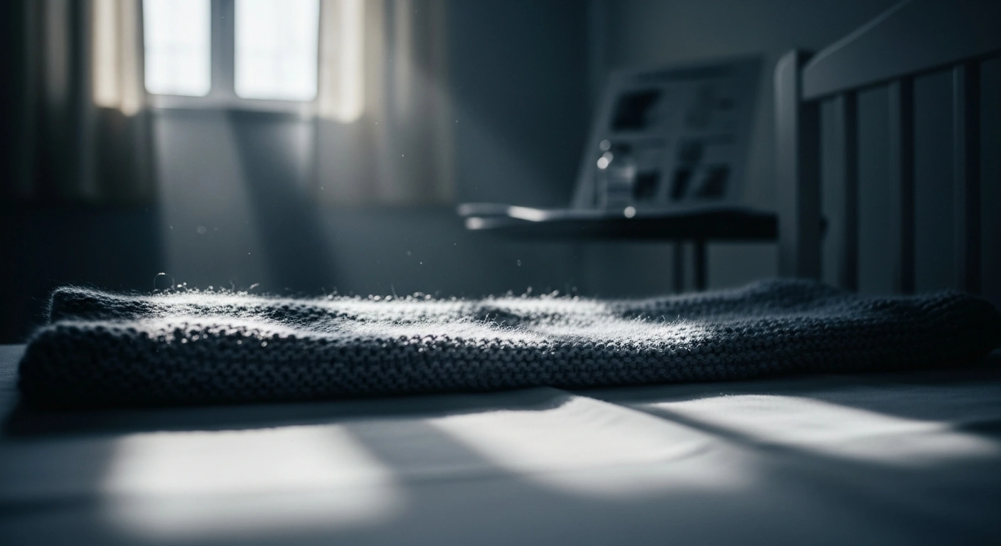 A dimly lit room features a close-up of a hand-knitted blanket draped over an empty crib, with a soft-focus background hinting at medical items, symbolizing the severe measles outbreak in Mexico and concerns over infant mortality and vaccination.