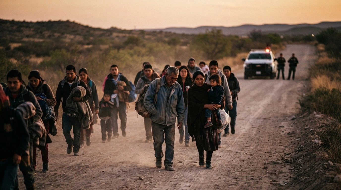 A group of migrants walks along a dusty road near the border as part of the repatriation process following shifts in U.S. immigration policy.