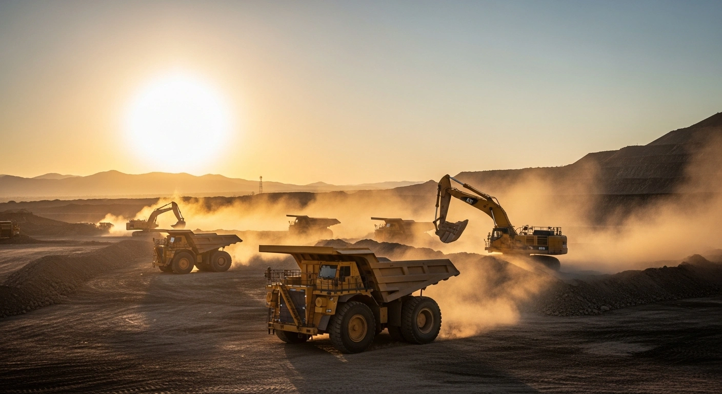 A wide-angle, low-light photograph captures an active open-pit mine in Mexico at golden hour, showing large mining trucks and excavators working amidst rising dust, symbolizing the federal government's resolution of stalled mining projects and unlocking over $11 billion in investment, increasing cargo demand in the mining sector.