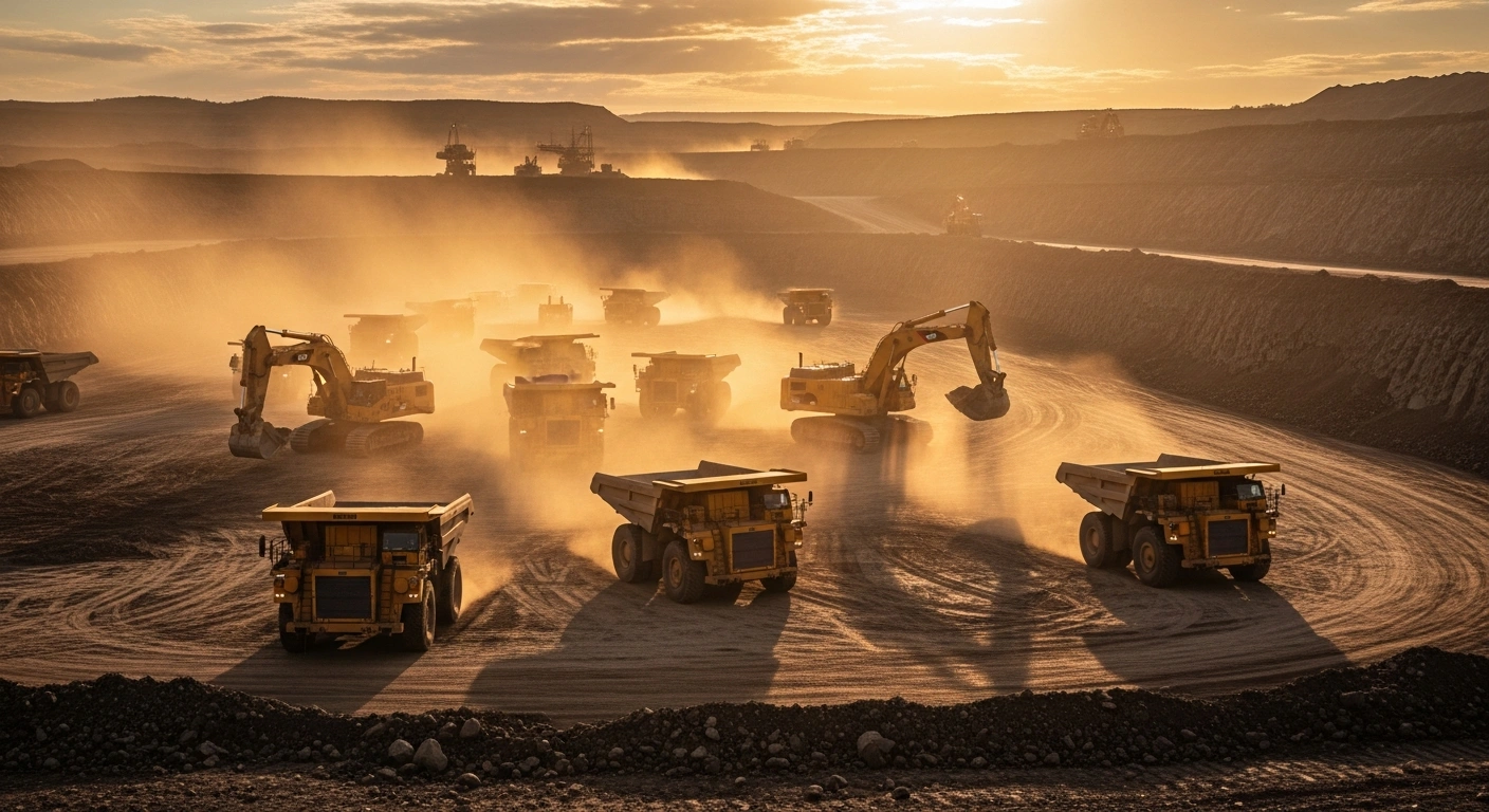 A vast open-pit mine in Mexico is bustling with activity at sunrise, featuring large excavators and dump trucks, symbolizing the government's release of over 110 mining permits and the reactivation of $11 billion in stalled investments to boost the nation's mining sector.