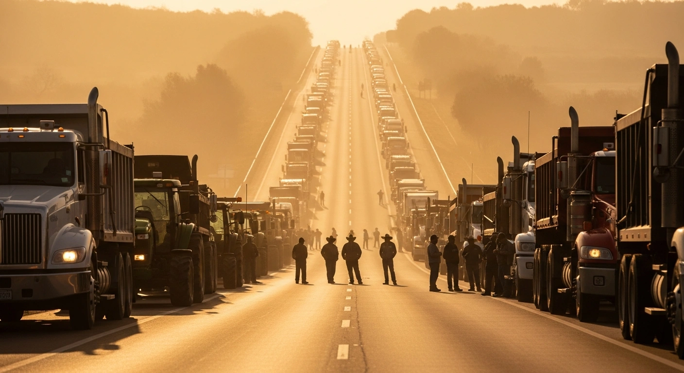 A wide shot at dawn shows a long line of trucks and tractors blocking a major Mexican highway, with farmers and truckers standing in protest, symbolizing a nationwide blockade and strike demanding improved security and fair agricultural prices.