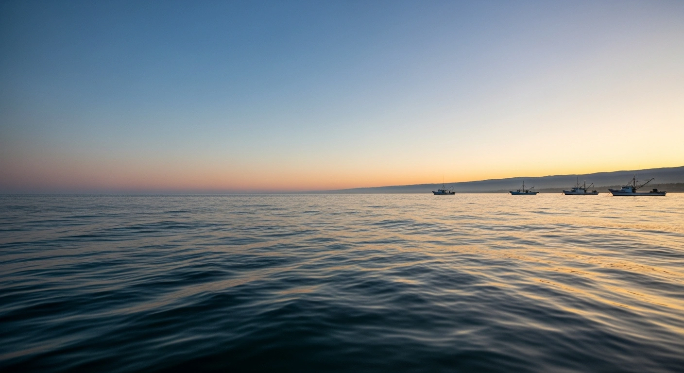 A wide, serene shot of the North Pacific Ocean at dawn, showing a calm Mexican coastline with small fishing boats, illustrating the location of a moderate magnitude 4.4 earthquake off Tapachula, Chiapas, Mexico, which caused no reported damage.