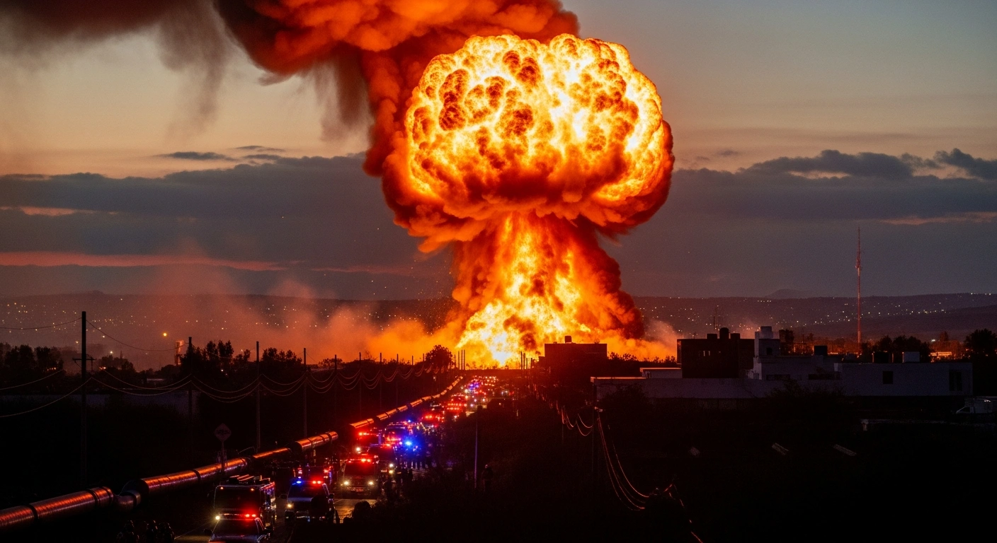 A massive fiery explosion from a suspected clandestine Pemex pipeline tap illuminates the night sky in Villagrán, Guanajuato, Mexico, with emergency vehicle lights visible in the foreground.