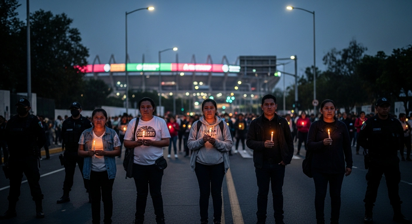 Protesters hold a vigil in Mexico to highlight the country's disappearance crisis while security forces monitor the area near a 2026 FIFA World Cup event.