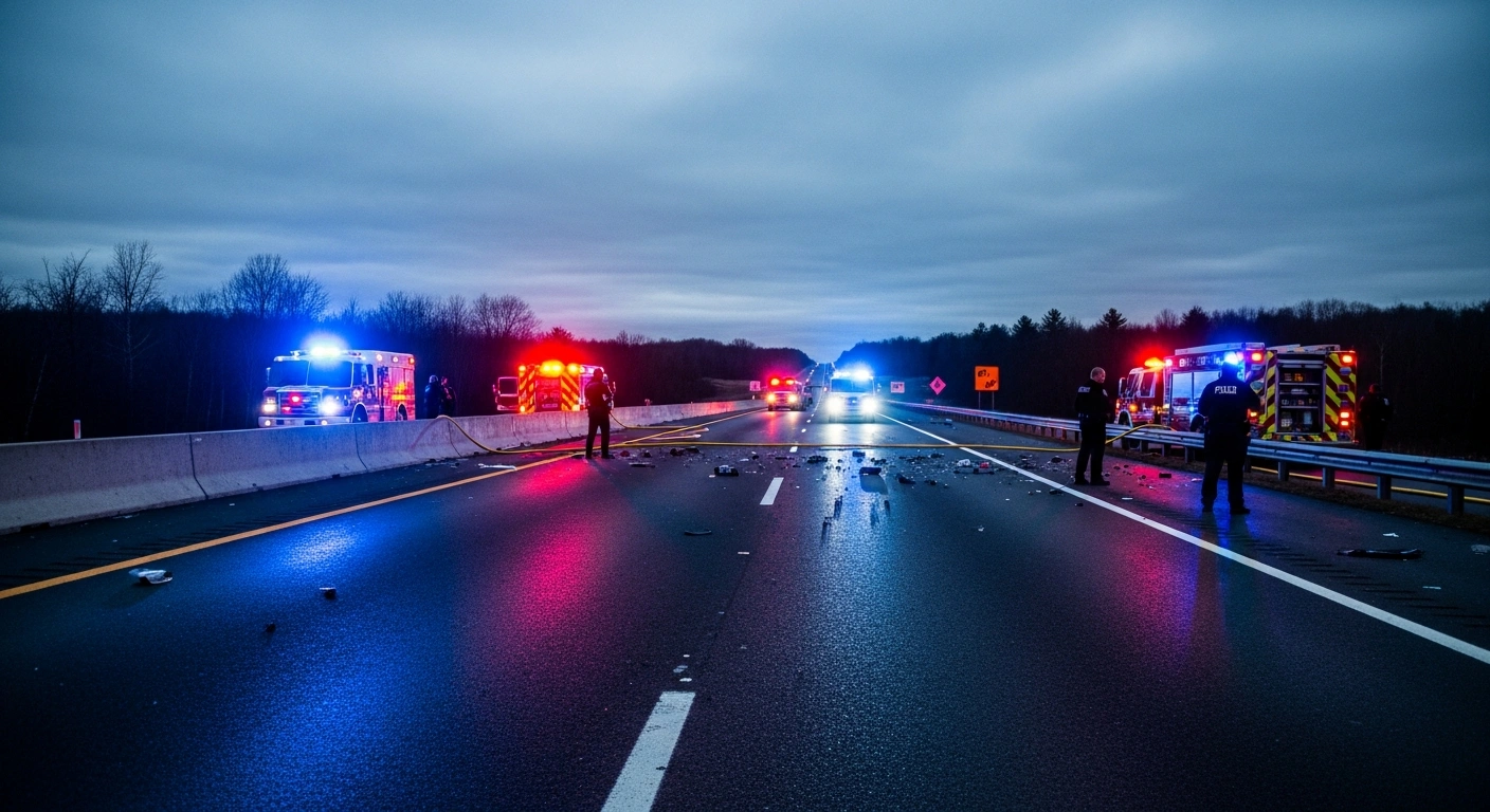 Emergency vehicles and law enforcement officers secure the Mexico-Puebla highway near Santa Rita Tlahuapan following a violent shooting incident.