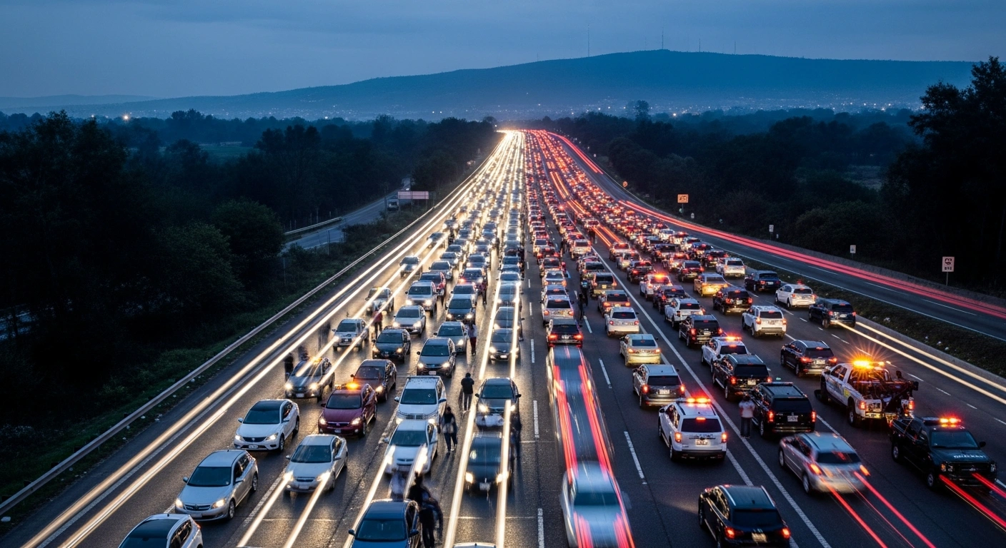 A congested Mexico-Puebla highway experiences significant traffic delays and partial closures due to vehicle accidents and breakdowns.