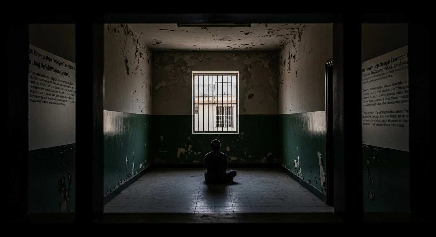 A stark, institutional room with peeling walls and a single harsh overhead light casting deep shadows, symbolizing the worrying conditions in unregulated private drug rehabilitation centers in Mexico, as observed by UN torture prevention experts.