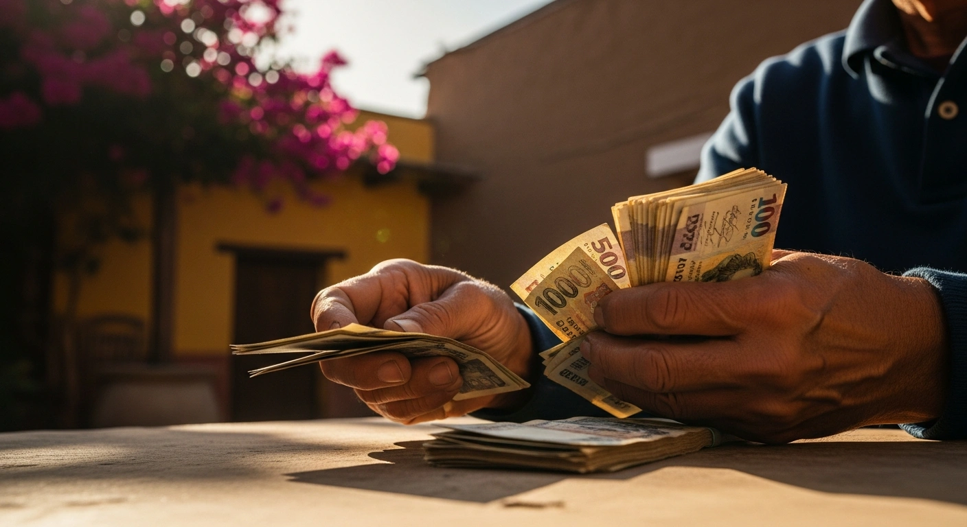 A person counts money in a sunlit Mexican courtyard, representing the growth of remittances sent to Mexico in April 2026.