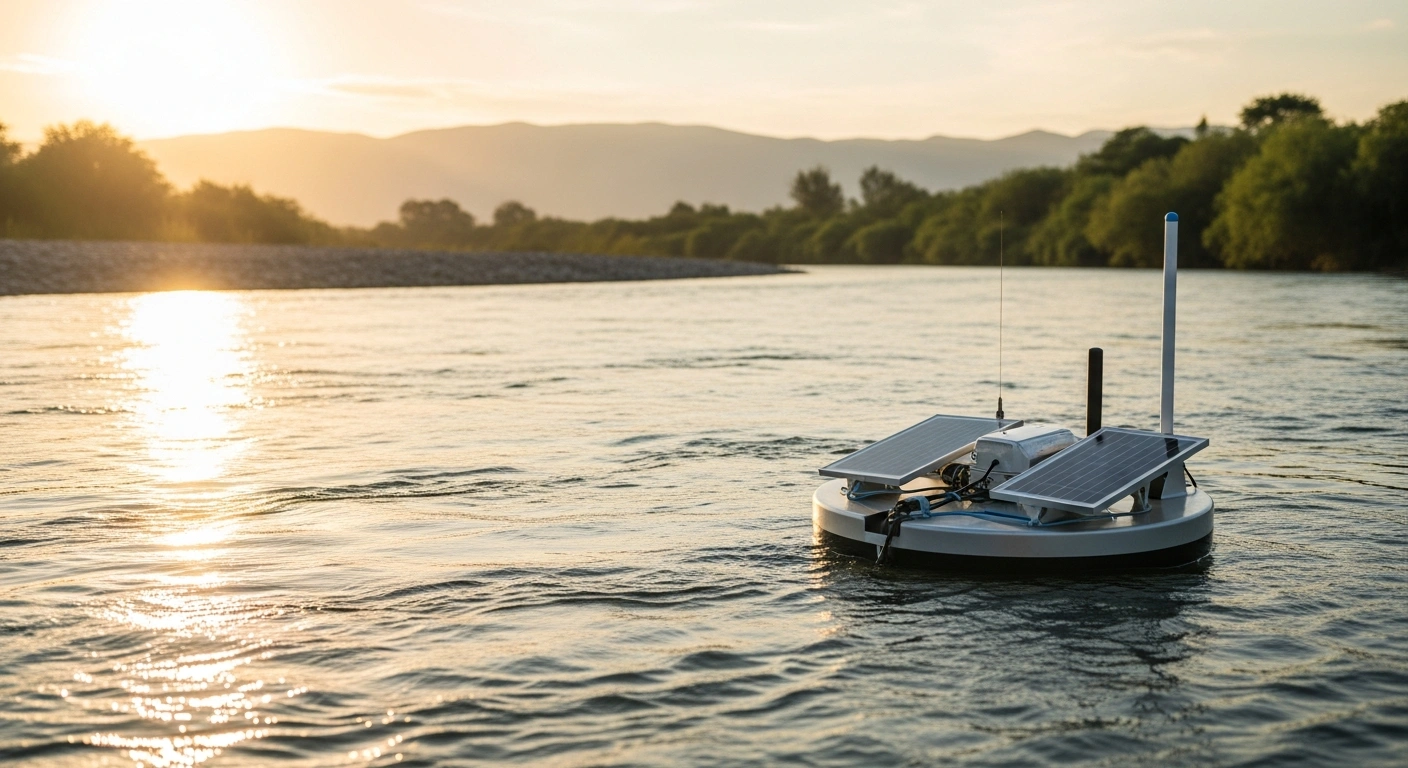A modern water quality monitoring sensor floats in a clean Mexican river as part of a new national environmental initiative to improve water infrastructure.
