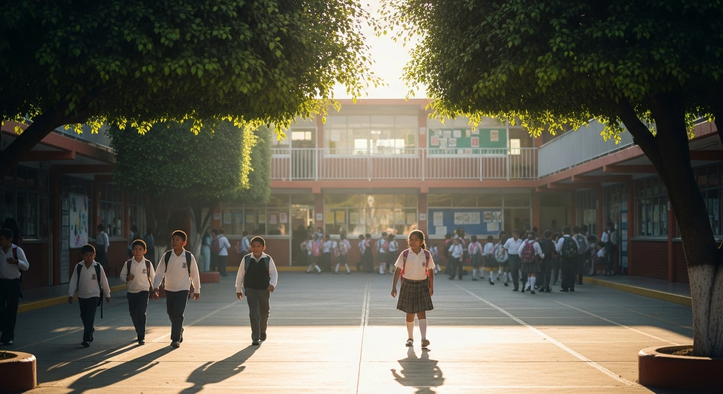 Students in uniforms walk toward their classrooms at a Mexican school on a bright morning to attend scheduled classes.