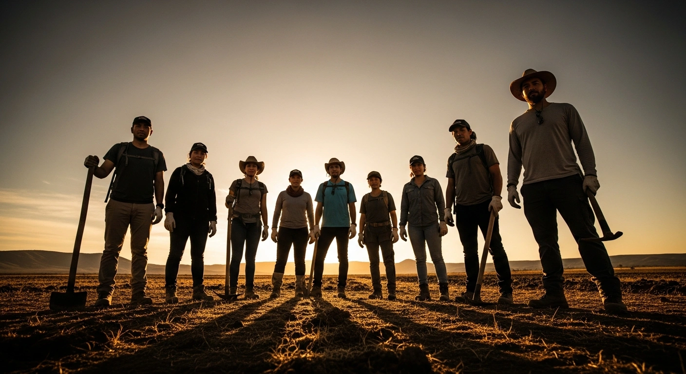 A group of volunteers from a Mexican search collective stands in a remote field while searching for missing loved ones in clandestine graves.