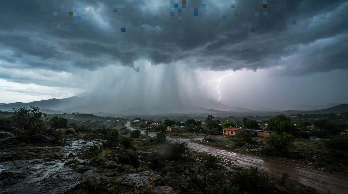 A severe storm with heavy rainfall and dark clouds looms over a landscape in Mexico, signaling potential flooding and weather risks.