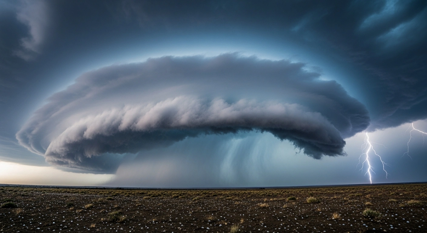 A severe storm with heavy rain and a potential tornado approaches a landscape in Mexico under a dark, lightning-filled sky.