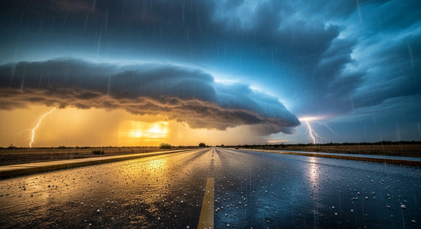 A dramatic storm front with heavy rain and hail approaches a Mexican landscape under a mix of intense sunlight and dark monsoon clouds.