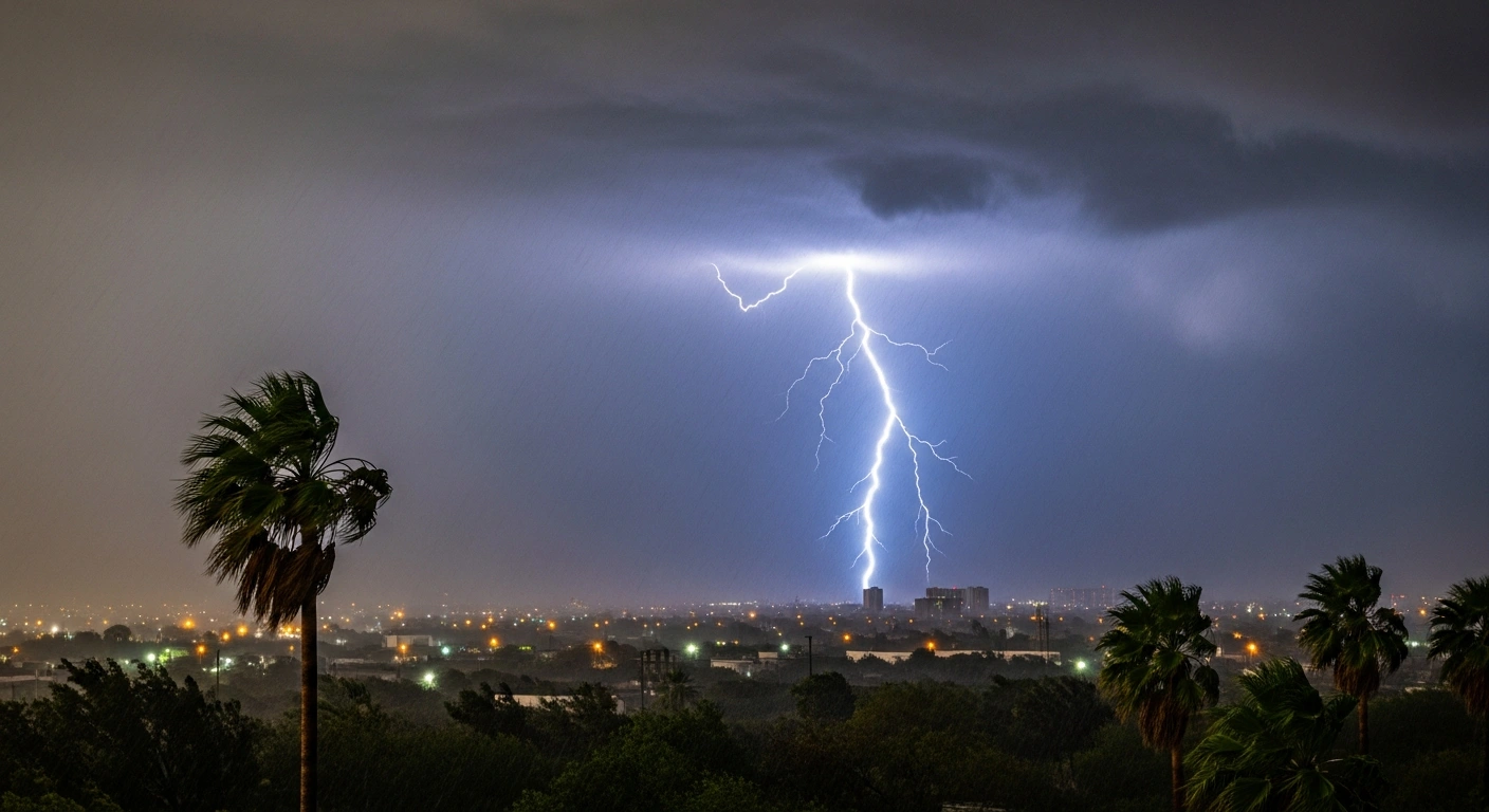 A severe storm with heavy rain and lightning strikes a landscape in Mexico as part of a weather alert issued by the National Meteorological Service.