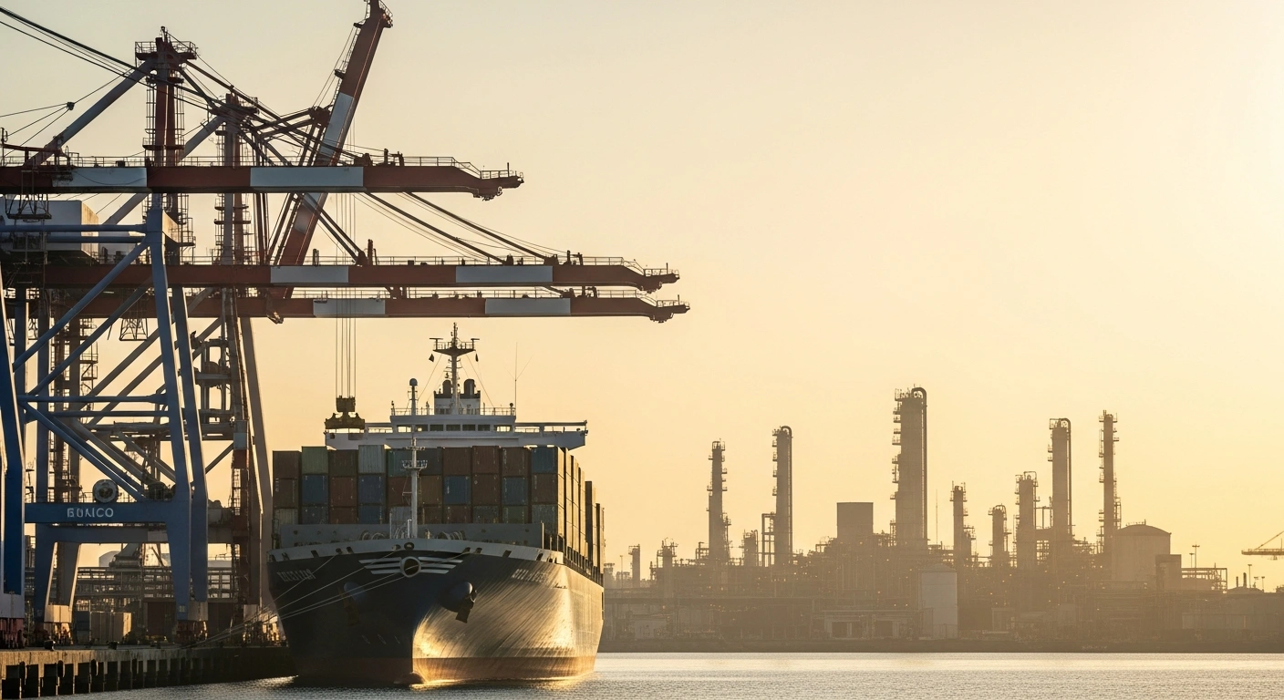 A wide, cinematic shot of a bustling Mexican port at dawn features a sleek, modern container ship actively being loaded in the foreground, contrasting with older, less active oil refinery structures visible in the background, illustrating Mexico's expanded trade surplus in November 2025, driven by increased non-oil exports despite declines in oil and manufacturing sectors.