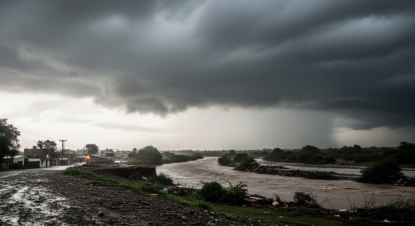 A torrential rainstorm caused by Tropical Wave 16 threatens to flood a rural landscape in Mexico with overflowing rivers and rising water levels.