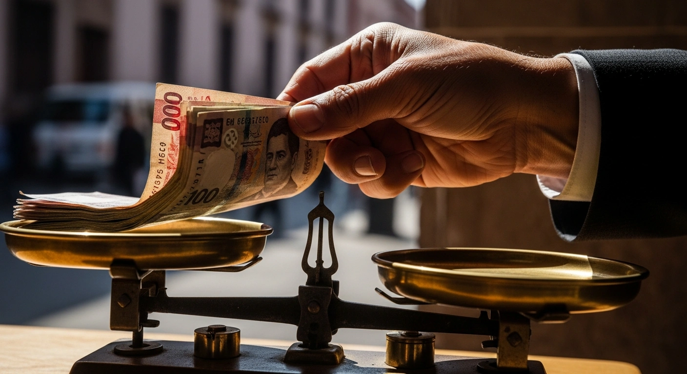 A close-up shot of a hand carefully placing a stack of Mexican peso bills onto a brass scale, with the needle tipping upwards, symbolizing the 3.69% increase in Mexico's Updated Metric Unit (UMA) to 117.31 pesos daily for 2026, impacting financial obligations.
