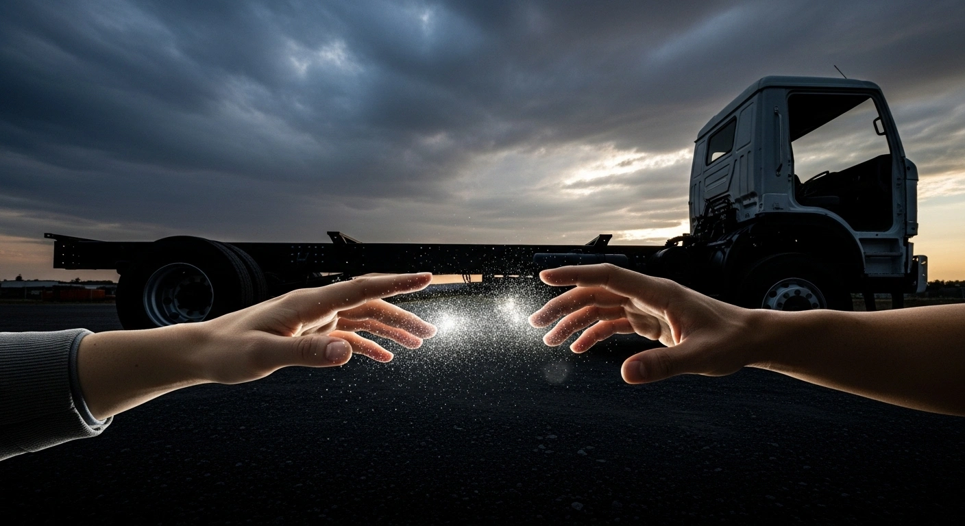 A wide, low-angle shot of a partially assembled heavy vehicle chassis silhouetted against a stormy dusk sky, with two hands, one lighter-skinned and one darker-skinned, reaching towards each other but separated by a subtle, shimmering barrier of light, symbolizing the potential impact of US tariffs on the integrated Mexican and US automotive industries.