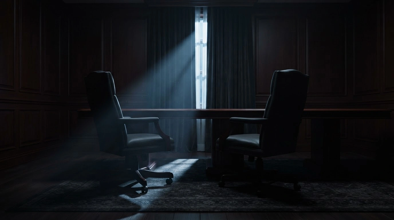 Two empty chairs face each other in a dark office, symbolizing the conflicting narratives between Mexican and U.S. officials regarding the arrest of Ismael El Mayo Zambada.