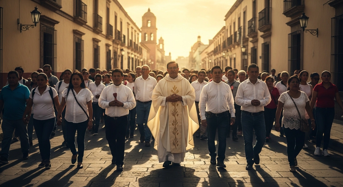 Archbishop Rogelio Cabrera López leads a peaceful march through the streets of Morelos, Mexico, accompanied by citizens and clergy advocating for security.