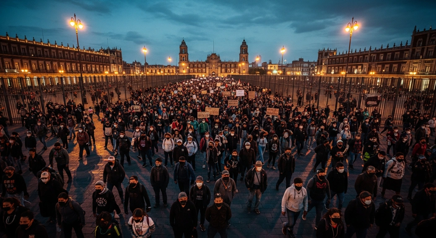 Thousands of women march through a Mexican city during an International Women's Day protest, passing by large metal security barriers erected around historic buildings.