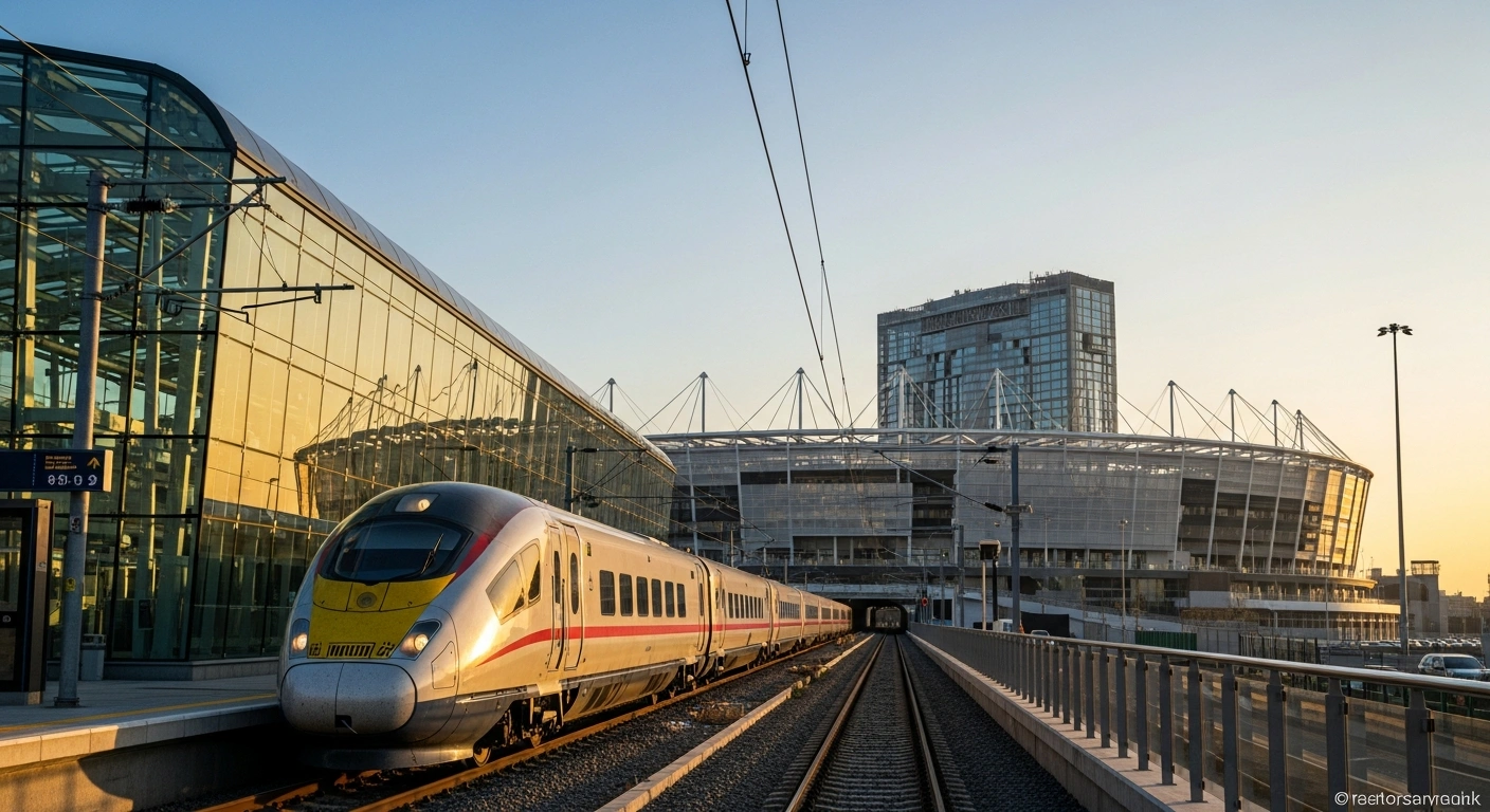 A sleek, high-speed train arriving at a modern station with a newly renovated football stadium in the background, symbolizing Mexico's completed federal infrastructure projects for the 2026 FIFA World Cup.