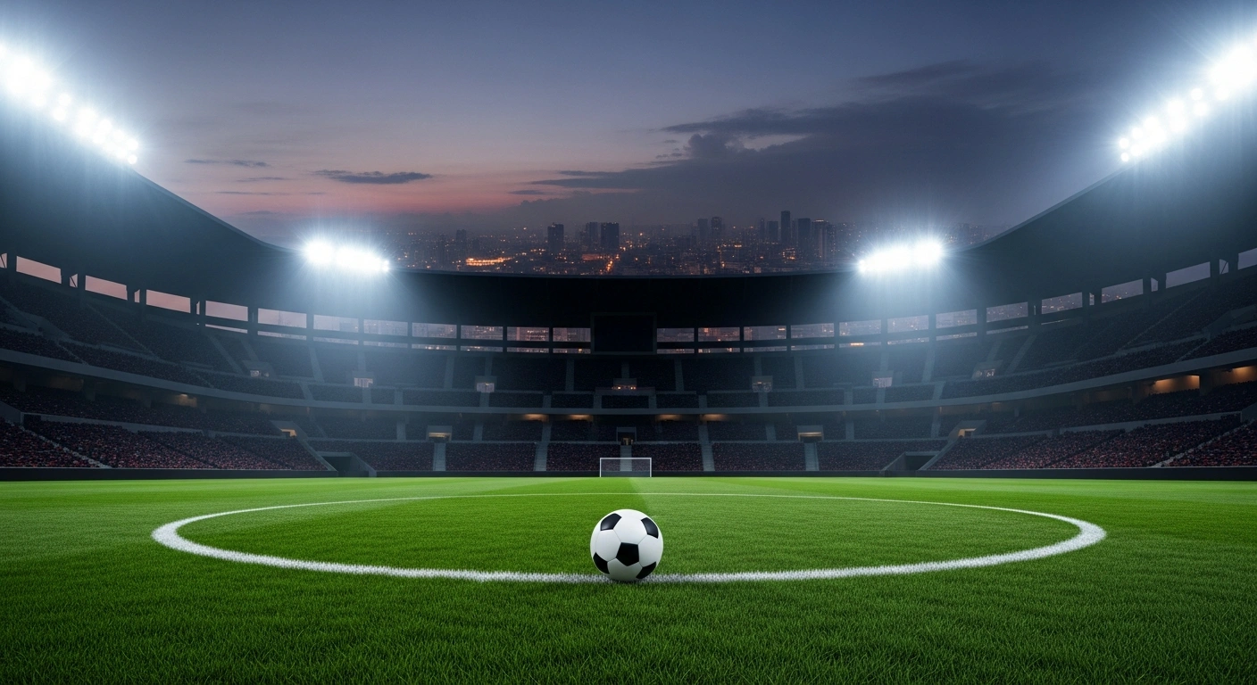 A wide, low-angle view captures a modern soccer stadium in Mexico at twilight, its bright floodlights illuminating a pristine green pitch with a single soccer ball at the center, while the distant city skyline is subtly obscured by haze, symbolizing the security concerns for the 2026 FIFA World Cup amidst recent cartel violence.