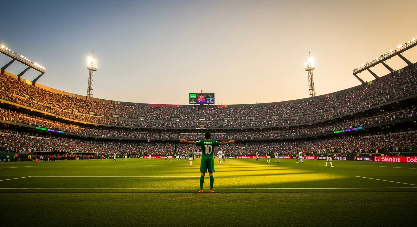A professional football player celebrates a goal for Mexico during a FIFA World Cup 2026 match against South Africa at the packed Azteca Stadium.