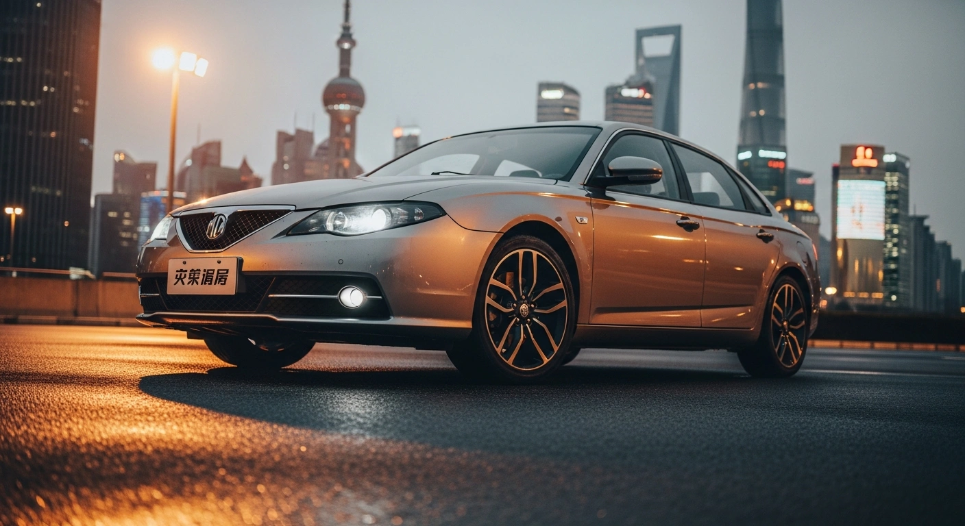 A sleek MG7 liftback sedan is parked on a wet city street, representing the high consumer demand for the new SAIC Motor vehicle in China.