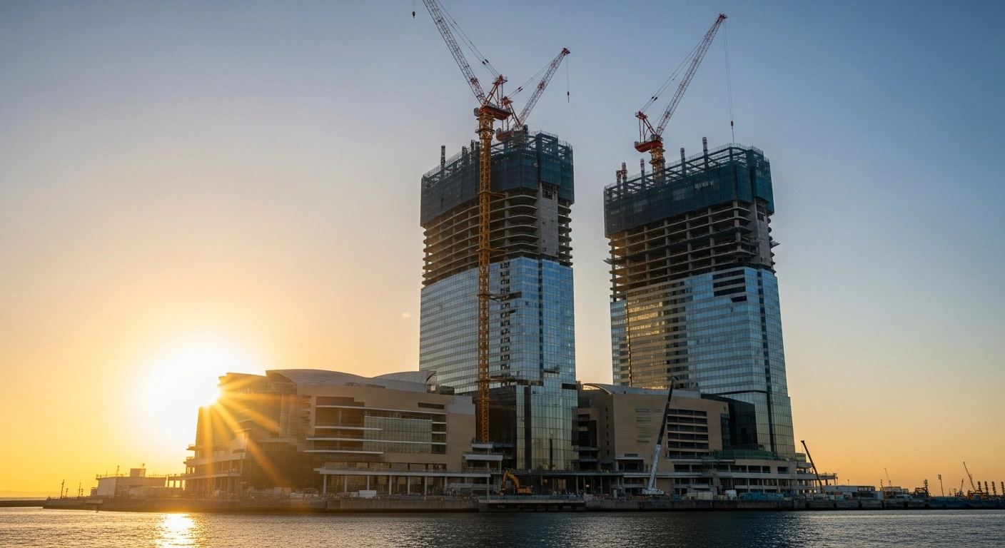 A wide, low-angle shot of the MGM Osaka integrated resort under construction on Yumeshima island, featuring its towering 27-story core facility and multiple cranes against a golden hour sky, symbolizing Japan's first integrated resort.