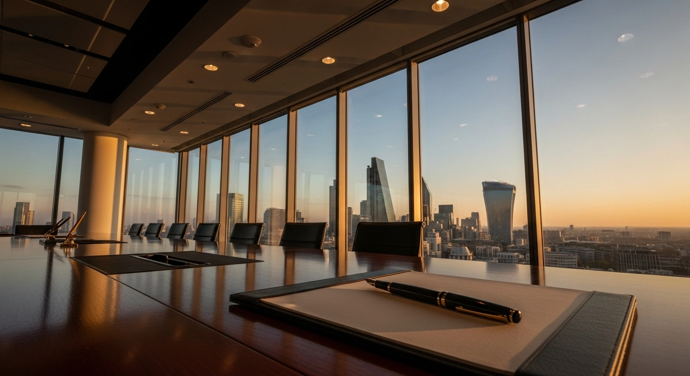 A professional boardroom overlooking the London skyline represents the record-breaking financial growth and strategic expansion of the UK accounting firm MHA.