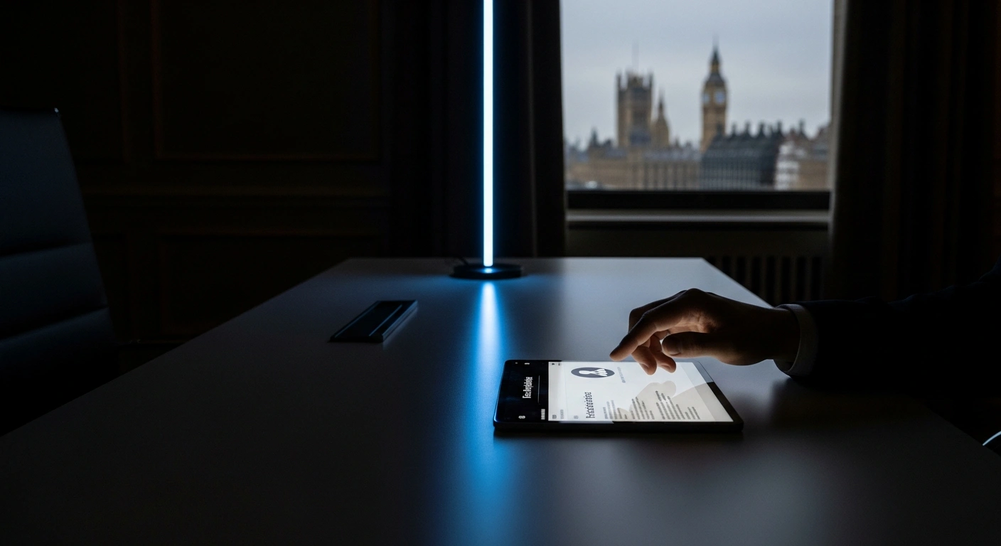 A dimly lit office scene shows a hand manipulating a glowing tablet displaying a sophisticated fake recruiter profile, with the distant silhouette of the Houses of Parliament visible through a window, representing clandestine online espionage attempts by foreign intelligence.