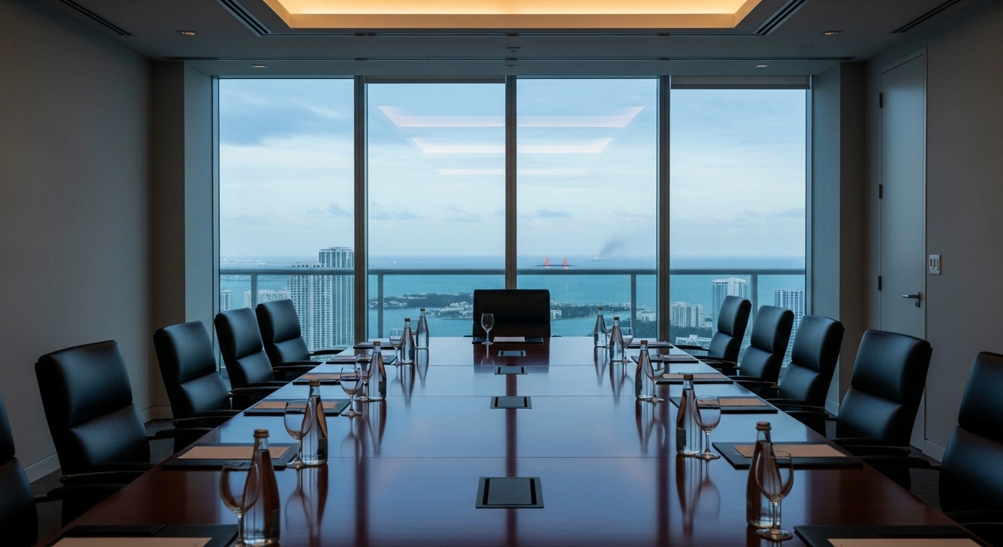A sleek conference room in Miami, set for Ukraine peace talks involving a Russian envoy and U.S. representatives, features a large window through which a distant, ominous glow hints at the recent Odesa missile strike and ongoing conflict.