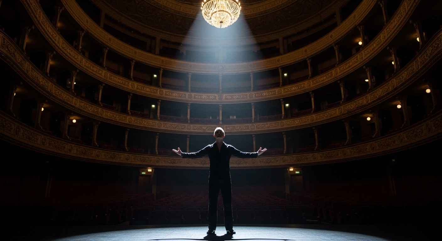 Michael Flatley stands triumphantly on a grand, empty theater stage under a single spotlight, symbolizing his successful overturning of a legal injunction and his return to full control of 'Lord of the Dance' productions ahead of its 30th-anniversary tour.