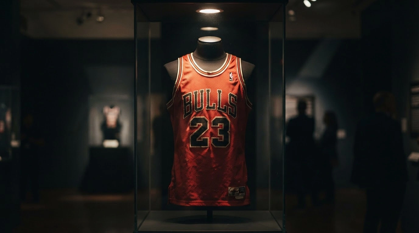 A vintage basketball jersey is displayed under a spotlight in a dark auction gallery to represent the high-value market for Michael Jordan memorabilia.