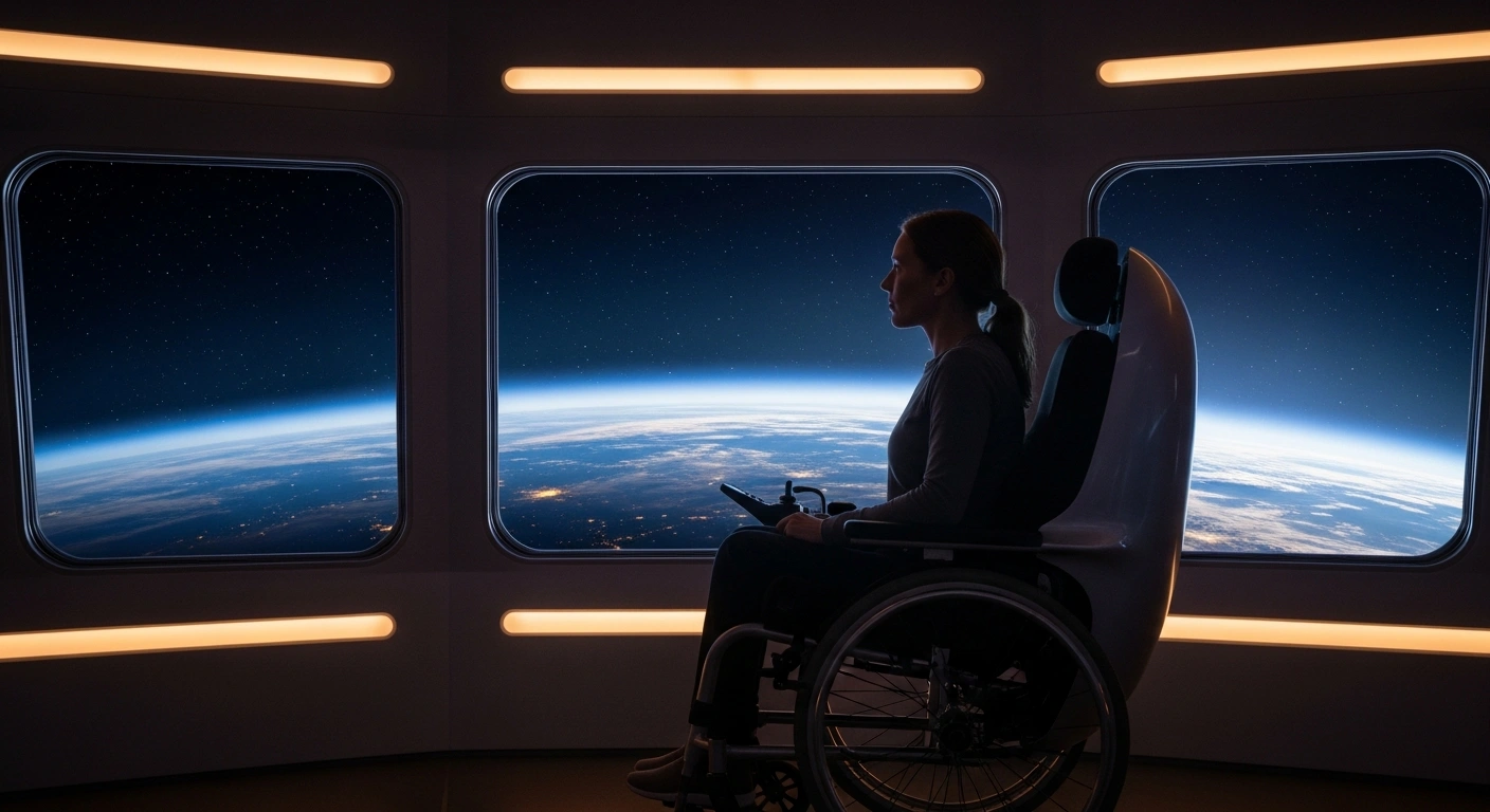 Michaela Benthaus, the first wheelchair user to travel to space, is shown inside a sleek spacecraft cabin, gazing out a large viewport at the Earth's luminous curve and the Kármán Line, marking her historic suborbital flight aboard Blue Origin's New Shepard.