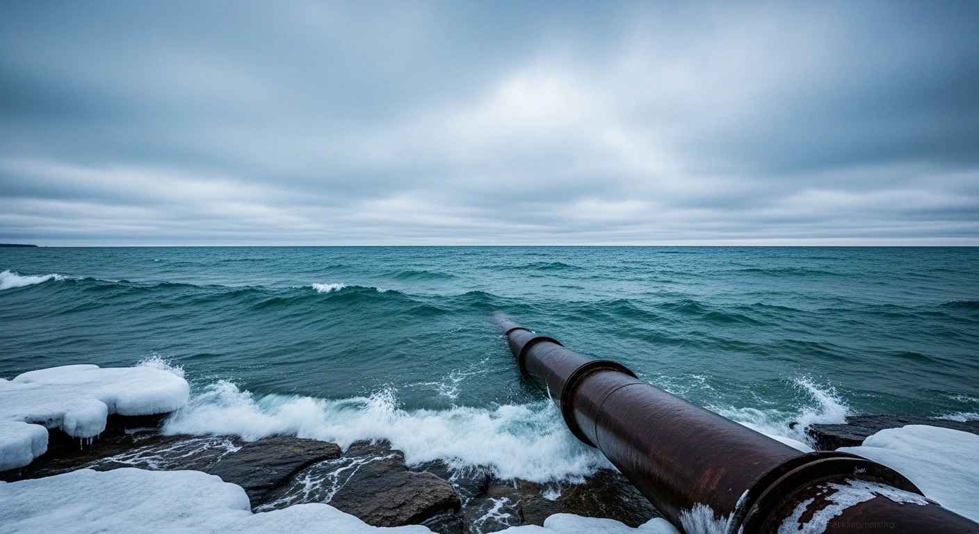 A weathered pipeline segment sits on the rocky shore of the Straits of Mackinac, representing the legal challenges facing the Enbridge Line 5 tunnel project.