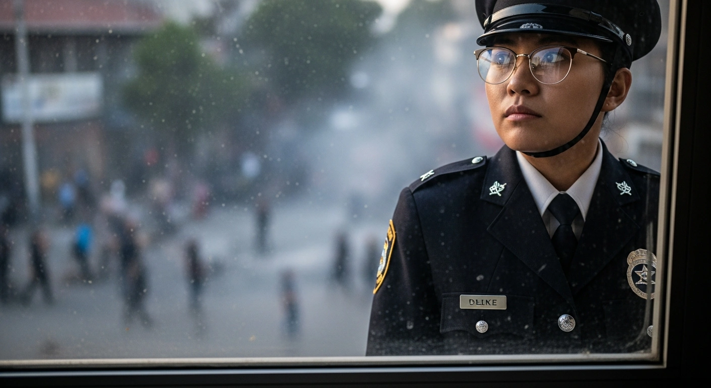 A stern-faced figure in a dark uniform looks out a window, with a blurred, chaotic street scene visible in the background, symbolizing the leadership change and security concerns within Michoacán's Public Security Secretariat amidst Civil Guard protests.