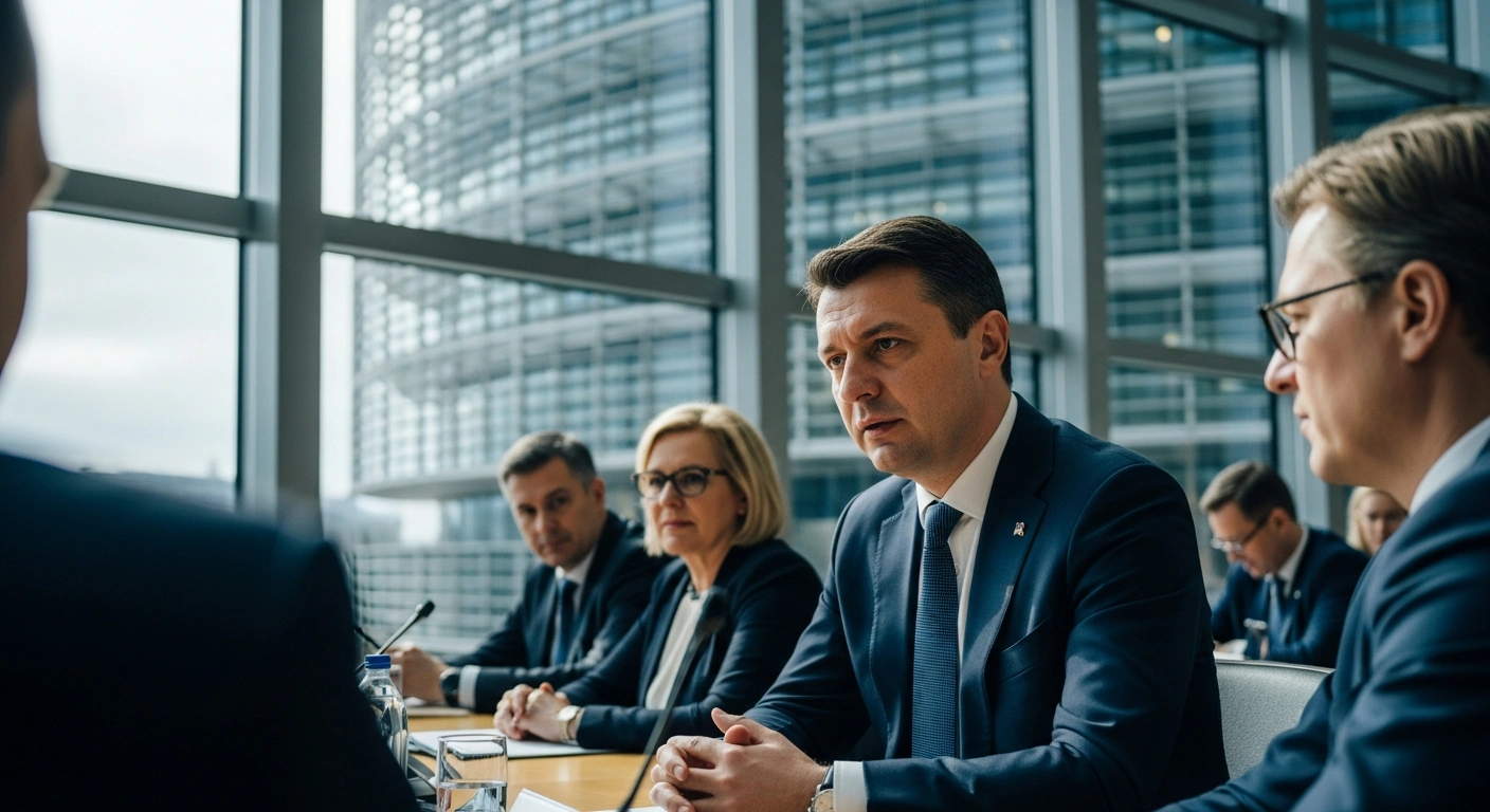North Macedonia's Prime Minister Hristijan Mickoski participates in high-level diplomatic discussions during the European People's Party summit in Brussels.